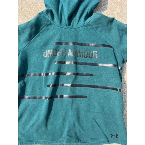 Under Armour Sweatshirt Women Sz Small Teal Graphic Mock Neck Hooded Long Sleeve - Picture 2 of 6